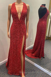 Backless Royal Blue Sequin Semi Formal Prom Gown with Slit,Semi Formal Prom Dress with Sequins